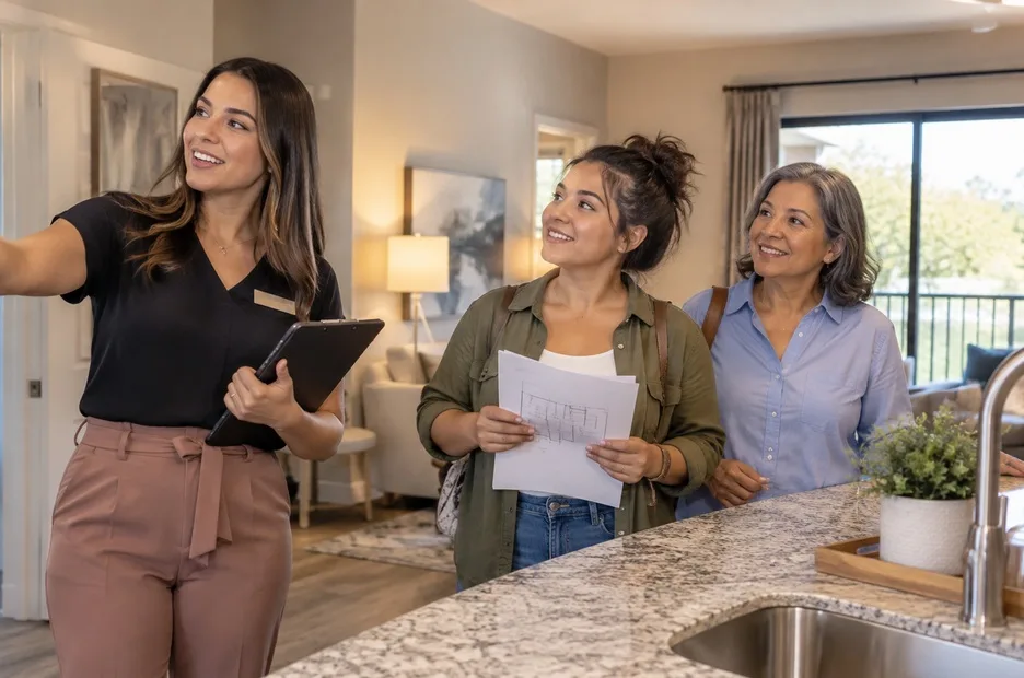 Prospective renter touring a modern apartment in Wilson, NC, with family support and a leasing professional.