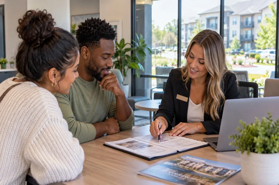 Prospective renters reviewing apartment availability and reservation details with a leasing professional in Wilson, NC.