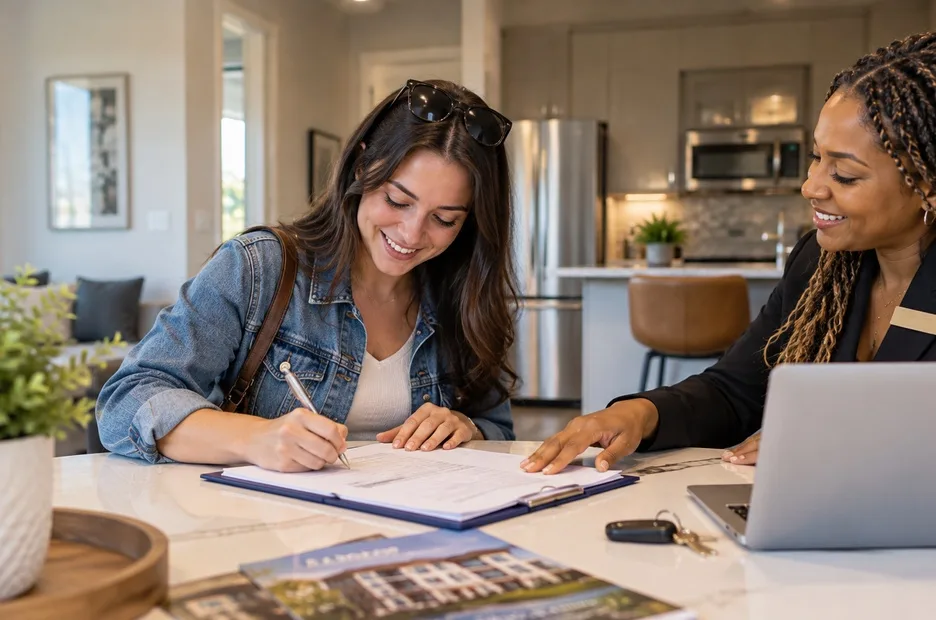 First-time renter signing an apartment lease with a leasing professional in Wilson, NC.
