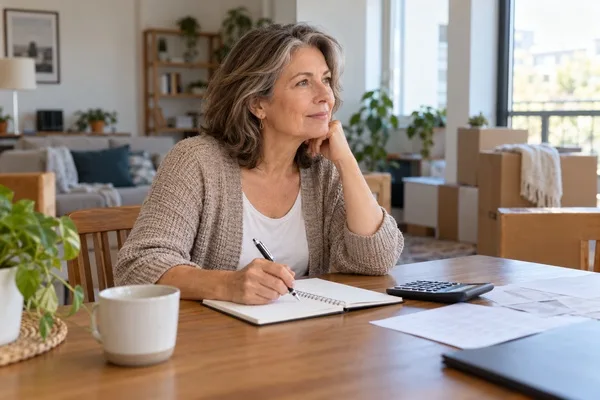 Woman planning apartment move-in expenses with a notebook and calculator at a dining table.